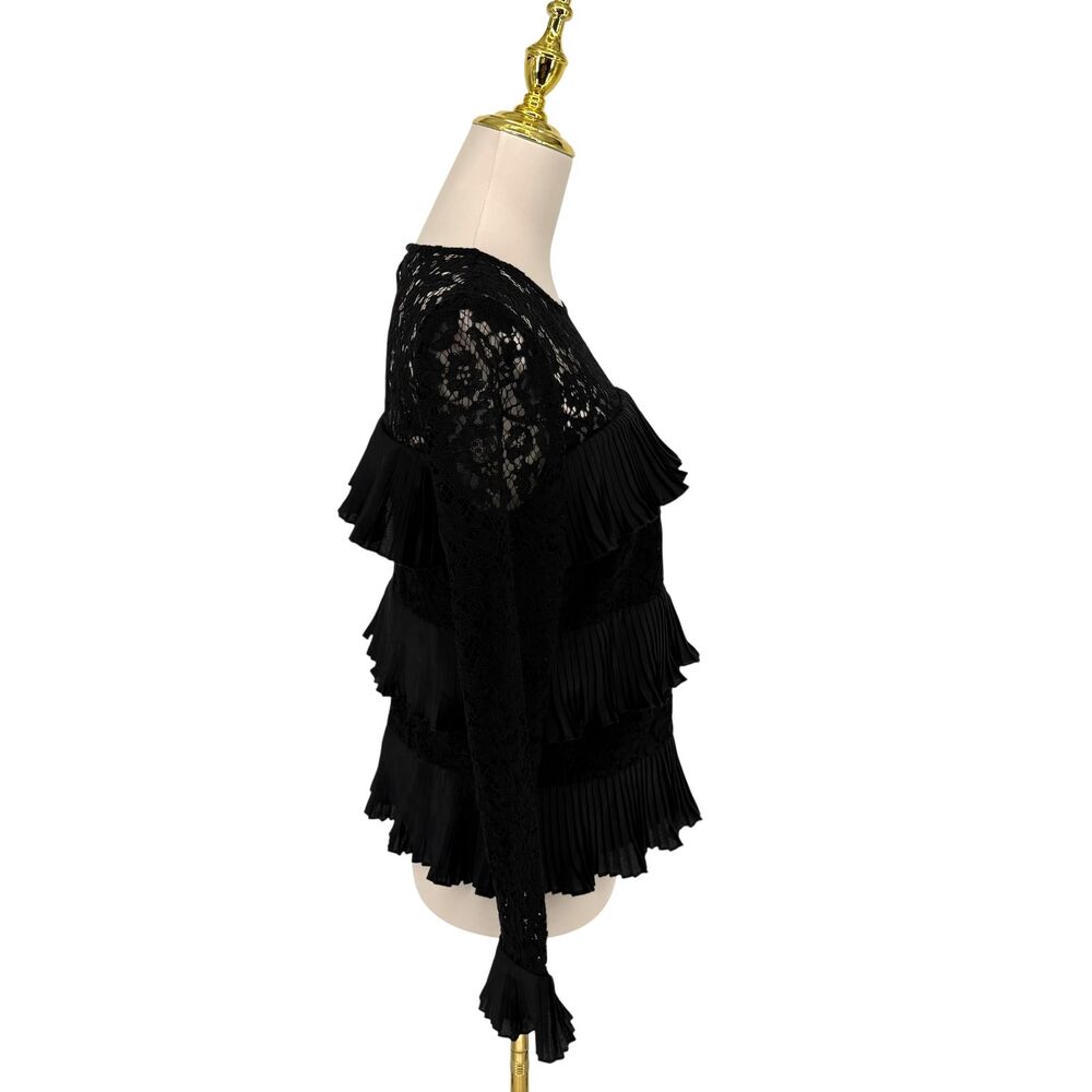 J Crew Black Lace Ruffle Top 4 Sheer Sleeve Floral Pleated Tiered Blouse Keyhole - Picture 6 of 10